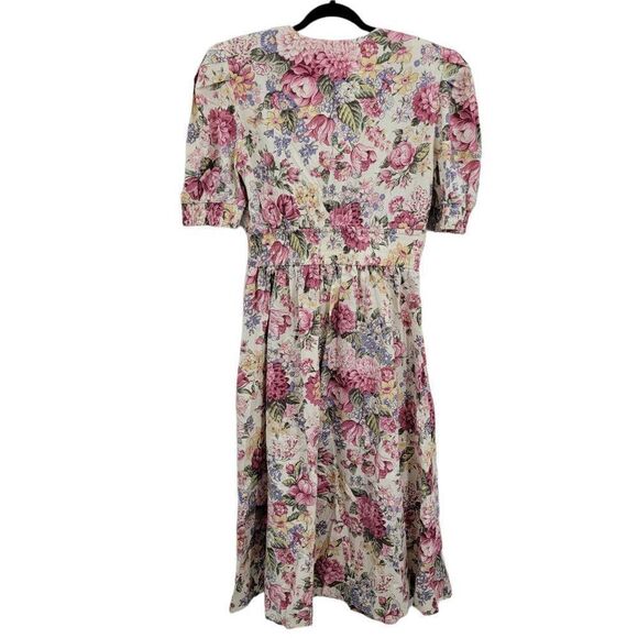Vtg 80's Womens L Dress Cottage Core Mock Wrap Puff Sleeve Full Midi Floral Pink - Picture 7 of 10